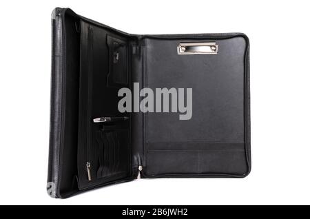 hand made leather folder for documents on a white background Stock Photo