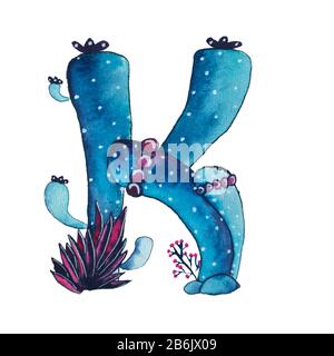 K letter in the form of cactus in blue colors, green eco English letter Illustration on a white background Stock Photo