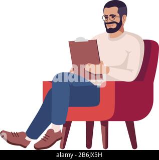 Man in glasses semi flat RGB color vector illustration. Guy with clipboard in armchair. Person taking notes. Interviewer. Psychology consultation Stock Vector