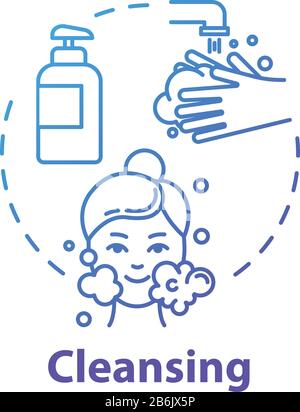 Cleansing, face washing, skin purification concept icon. Cleanser and soap use, hygienic procedure, cosmetology idea thin line illustration. Vector Stock Vector