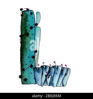 L letter in the form of cactus in blue colors, green eco English letter Illustration on a white background Stock Photo