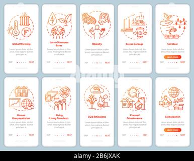 Overconsumption onboarding mobile app page screen with concepts. Environmental damage. Consumerism walkthrough 5 steps graphic instructions. UI vector Stock Vector