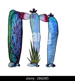 M letter in the form of cactus in blue colors, green eco English letter Illustration on a white background Stock Photo