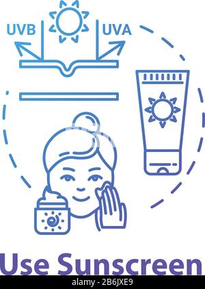 Use sunscreen, UVB and UVA, sunblock cream and lotion concept icon. Skin care, sun protection cosmetics idea thin line illustration. Vector isolated Stock Vector