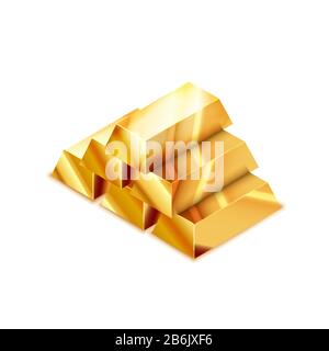 Large heap of realistic glossy golden bars in isometric view on white Stock Vector