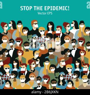 Stop epidemic virus people in medical masks crowd and sky Stock Vector