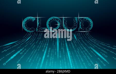 Cloud lettering 3D glowing geometric inscription. Digital computing online storage technology concept. Polygonal future global data information Stock Vector
