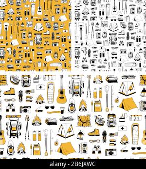 Set of positive endless textures. Vector seamless patterns with isolated elements in yellow, white, black colors. Camping. Backpack, boots, tent Stock Vector