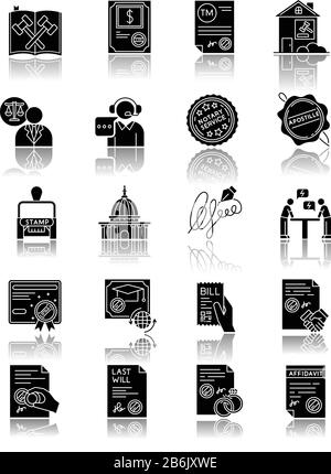 Notary services drop shadow black glyph icons set. Apostille and legalization. Notarized documents. Stamps. Legal paper. Legislature. Certificate Stock Vector