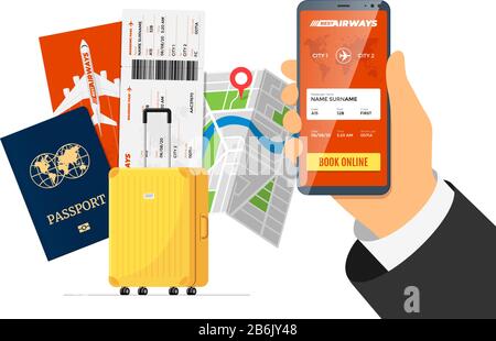 Online flight booking service concept. Hand holding smart phone with mobile app ordering airline ticket in front of suitcase luggage and passport. Travel application vector flat illustration Stock Vector