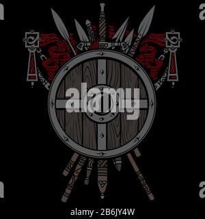 Viking design. Viking shield and swords. Set of medieval weapons, swords and spears of warriors Stock Vector