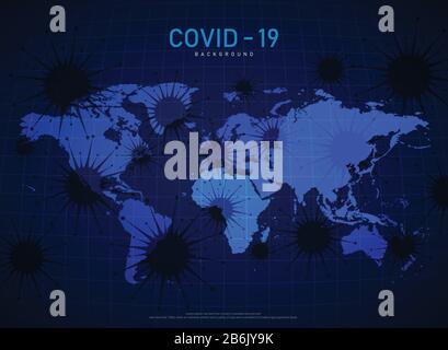 Abstract technology covid-19 virus spread on world map futuristic background. Decorate for ad, poster, template, artwork. illustration vector eps10 Stock Vector