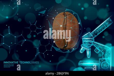 3D coffee bean realistic caffeine molecule. Low poly modern cafe processing symbol. Technology product caffeine free science research. Science Stock Vector