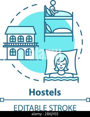 Hostels concept icon. Affordable accommodation, budget travel idea thin line illustration. Cheap hotel, guesthouse lodging. Vector isolated outline Stock Vector