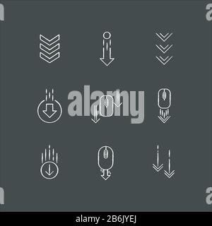 Scrolling down arrows chalk white icons set on black background. Computer mouse and arrowheads in circles buttons. Download indicator. Web cursor. PC Stock Vector