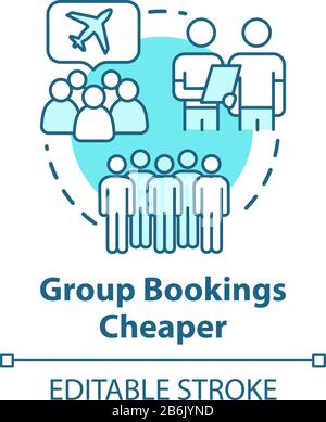 Group booking cheaper concept icon. Collective tour reservation discounts idea thin line illustration. Tourists traveling together vector isolated Stock Vector