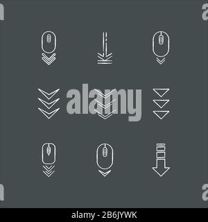 Scroll down buttons chalk white icons set on black background. Internet page browsing and download indicators. Web cursor. PC elements with arrowheads Stock Vector