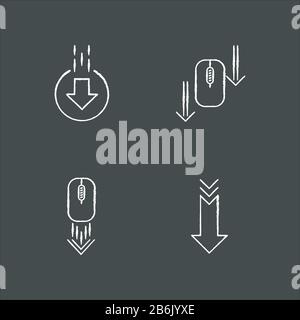 Computer mouse and arrowheads chalk white icons set on black background. Scrolling down and uploading indicators. Arrows interface navigational Stock Vector