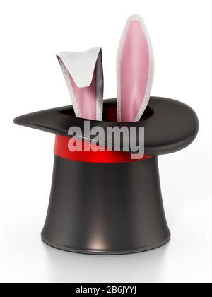 Illusionist hat and rabbit ears isolated on white background. 3D illustration. Stock Photo