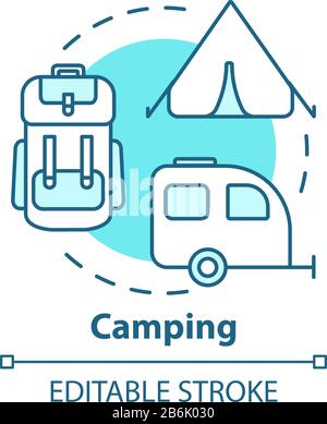 Camping concept icon. Outdoor recreation, backpacking, hiking idea thin line illustration. Budget tourism, affordable vacation. Vector isolated Stock Vector
