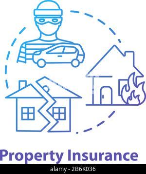 Property insurance concept icon. Home coverage. House robbery. Crime, theft. Weather disaster damage. Real estate idea thin line illustration. Vector Stock Vector