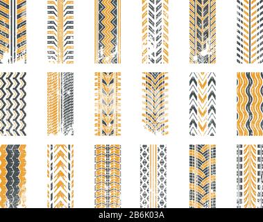 Track tread black and yellow RGB color icons set. Detailed automobile, motorcycle tyre marks. Car summer and winter wheel trace. Tire trail in grunge Stock Vector