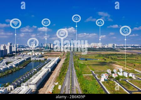 smart city and wireless communication network, abstract image visual, internet of things, Hochiminh, Vietnam Stock Photo