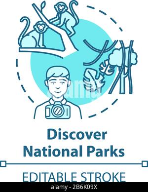 Discover national parks concept icon. Wildlife reserve visit, tourist activity idea thin line illustration. Natural landmark exploration. Vector Stock Vector