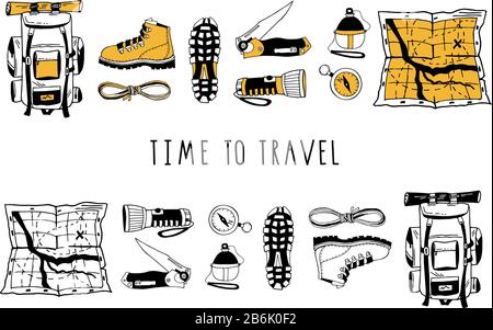 Vector set of hand drawn isolated elements. Hiking gear for camping trips, adventurous backpacking. Backpack, boots, map, flashlight. Modern lettering Stock Vector