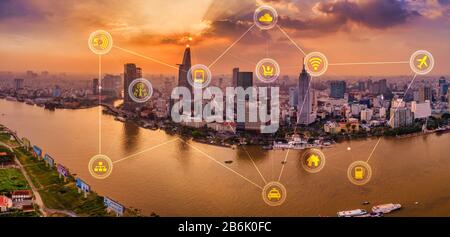 smart city and wireless communication network, abstract image visual, internet of things, Hochiminh city, Vietnam Stock Photo