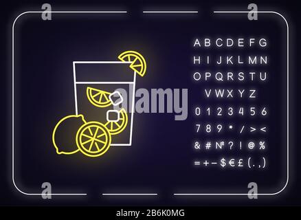 Caipirinha neon light icon. Brazilian cocktail. Alcoholic beverage with lemon and sugar. Traditional drink. Outer glowing effect. Sign with alphabet Stock Vector
