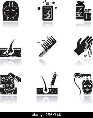 Hair loss drop shadow black glyph icons set. Male alopecia and female balding. Laser therapy for hair regrowth. Thinning hairline. Follicle, scalp Stock Vector