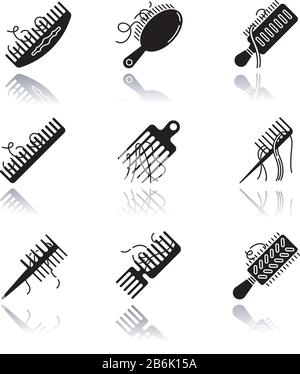 Hair loss drop shadow black glyph icons set. Comb with hair. Alopecia, stress symptom. Hairbrush with strands. Dermatology, cosmetology. Haircare Stock Vector
