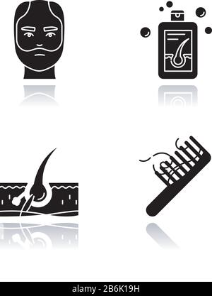 Hair loss drop shadow black glyph icons set. Man balding treatment. Male alopecia. Hair strands on comb. Damaged follicle. Medical shampoo. Isolated Stock Vector