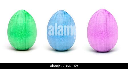 Row of Wooden Easter Eggs isolated on white Background Stock Photo