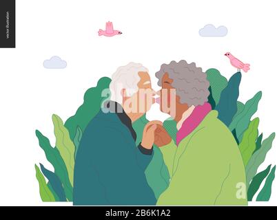 Medical insurance -senior citizen health plan -modern flat vector concept digital illustration of a happy elderly couple, standing embraced together h Stock Vector