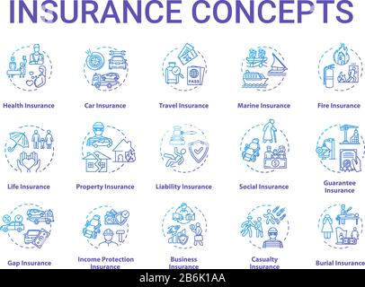 Insurance concept icons set. Protection from financial loss. Liability plan. Risk management idea thin line RGB color illustrations. Vector isolated Stock Vector