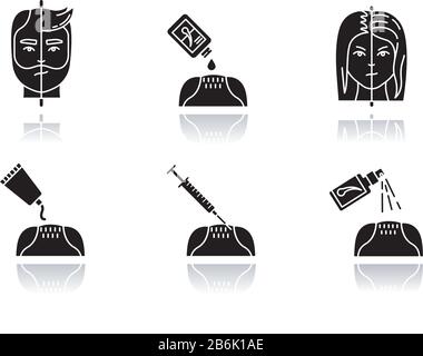 Hair loss drop shadow black glyph icons set. Male alopecia. Female balding. Haircare, dermatology treatment. Products for hairloss. Injection for Stock Vector