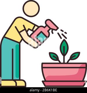 Spraying plants RGB color icon. Misting. Moisturizing, rehydrating, moistening. Houseplant care. Plant growing, planting process. Indoor gardening Stock Vector