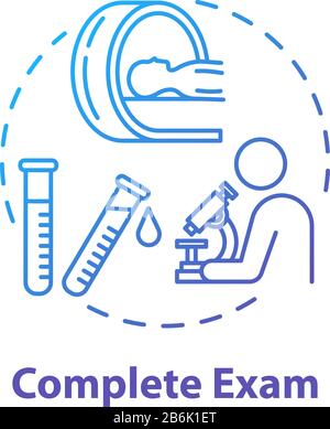 Complete exam concept icon. Health treatment. Illness examination. Disease diagnosis. Clinic test. Professional lab research idea thin line Stock Vector