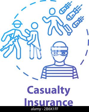 Casualty insurance concept icon. Robbery risk. Rescue from assault. Medical coverage. Terrorism and war. Disaster aid idea thin line illustration Stock Vector