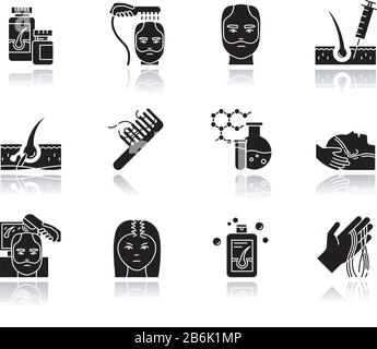 Hair loss drop shadow black glyph icons set. Hair roots. Alopecia treatment. Hair strands on hand and comd. Physiotherapy and injection for hair Stock Vector