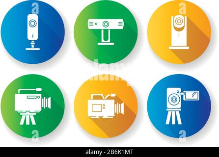Webcams flat design long shadow glyph icons set. Digital video cameras. Online chatting. Surveillance. Portable recording gadgets. Technology. Mobile Stock Vector