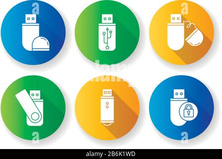 USB flash drive flat design long shadow glyph icons set. Data storage device. Memory stick. Thumb drive. Transferring information. Small portable Stock Vector