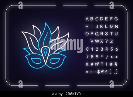 Masquerade mask neon light icon. Traditional headwear with plumage. Brazil ethnic festival. Outer glowing effect. Sign with alphabet, numbers and Stock Vector