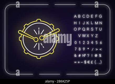 Drum with drumsticks neon light icon. View from above. Musical instrument. Brazilian carnival. Outer glowing effect. Sign with alphabet, numbers and Stock Vector