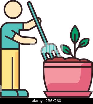 Soil fluffing RGB color icon. Plowing, ploughing earth. Houseplant care. Aeration. Plant growing, planting process. Indoor gardening. Isolated vector Stock Vector