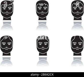 Hair loss drop shadow black glyph icons set. Baldness process stages. Male alopecia conditions. Hairloss, hair thinning. Aging and stress. Isolated Stock Vector