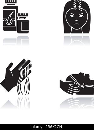 Hair loss drop shadow black glyph icons set. Female baldness. Alopecia treatment. Woman with thinning hair. Strands of hair on hand. Vitamin Stock Vector