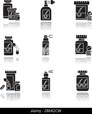 Hair loss drop shadow black glyph icons set. Medicament for alopecia. Vitamin supplements to help hair thinning. Medical pills, spray for baldness Stock Vector